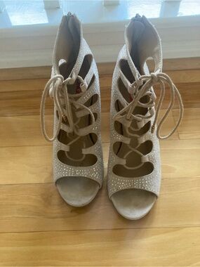 BONGO Beige Lace-Up Peep Toe Heels with Rhinestone Embellishments